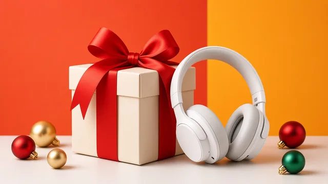 Illustration of a gift box with a red ribbon next to white headphones