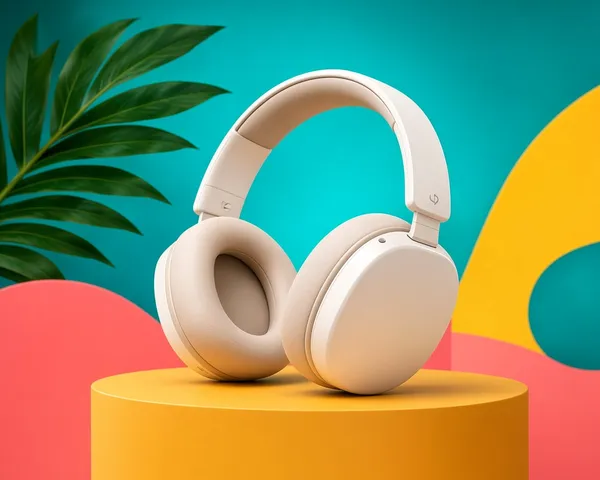 Illustration of cream-coloured headphones on a yellow stand against a colourful background