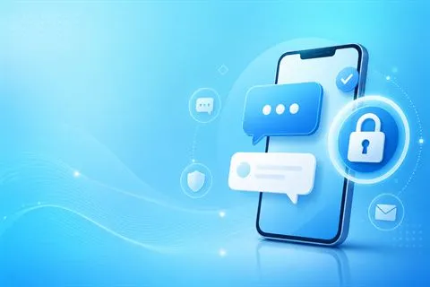WhatsApp Business preview of a phone with chat bubbles, a lock icon and a verified check