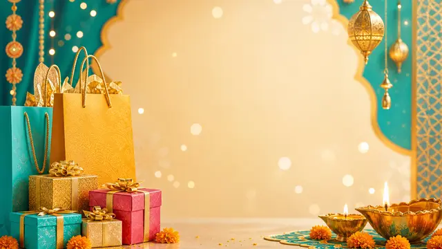 Wrapped festive gift boxes beside marigolds