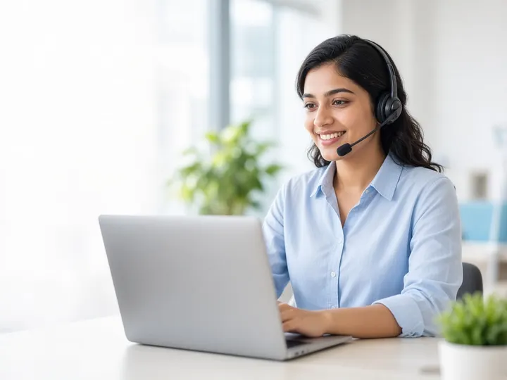 Illustration of a support team member wearing a headset and working on a laptop